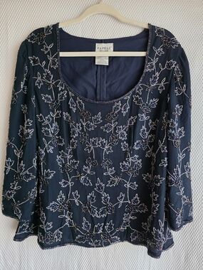 VTG Papell Studio Silk Beaded Sequin Top Blouse Plus Size 1X Evening Holiday